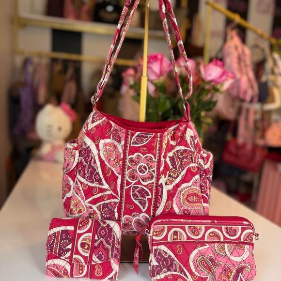 Handbags - Vera Bradley Pink Paisley Shoulder Bag Wallet Cosmetic Pouch 3 piece Set retires